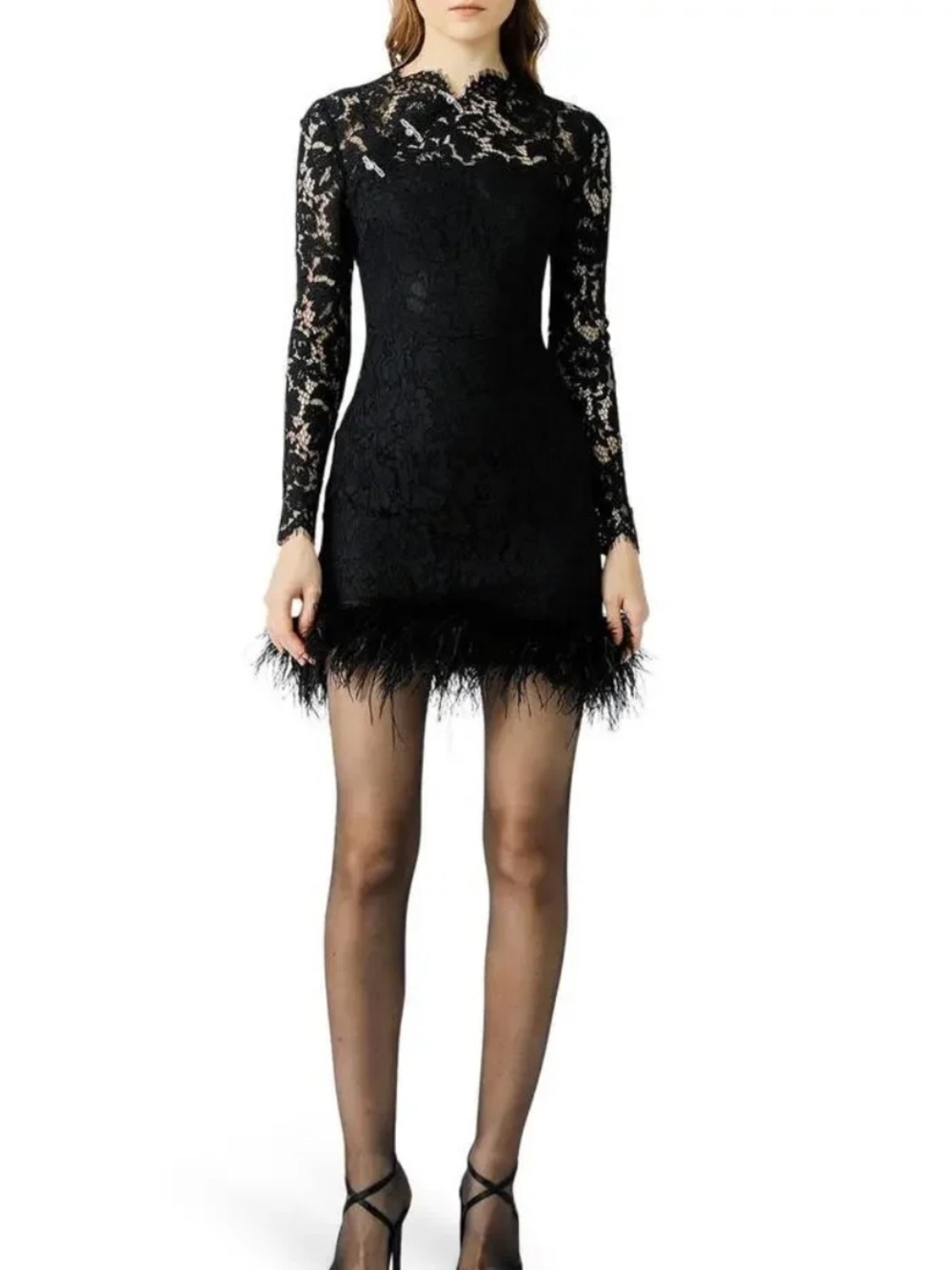 Sau Lee Mara Long Sleeve Lace Mini Ostrich Feathers Dress